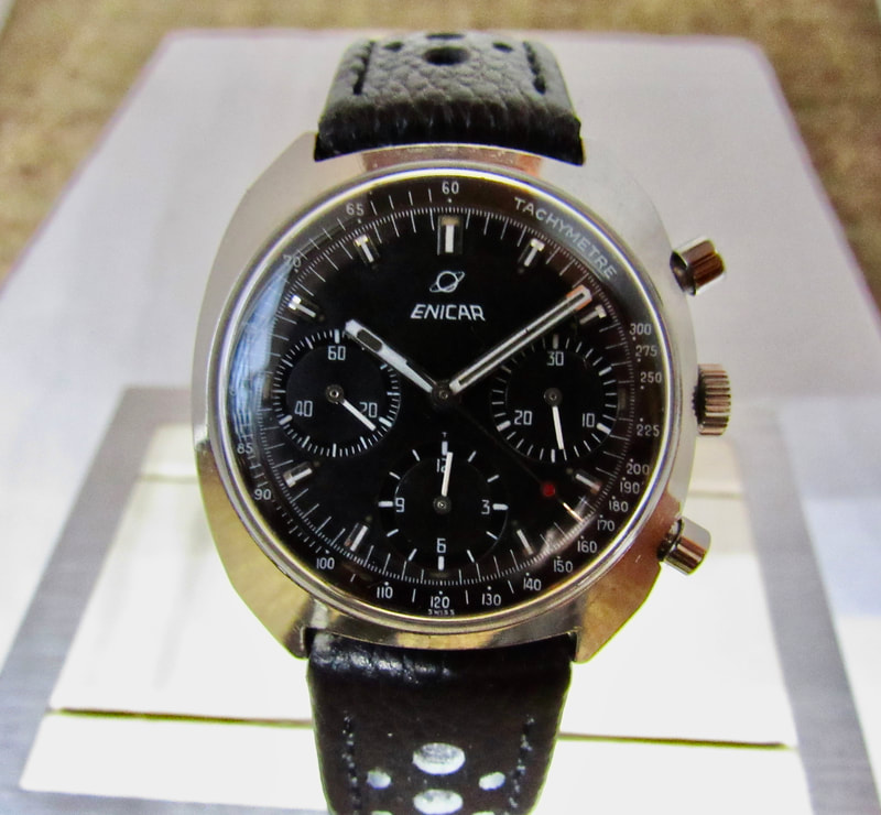 1966-1968 Enicar Chronograph Gerhard Mitter black on black dial for sale very rare